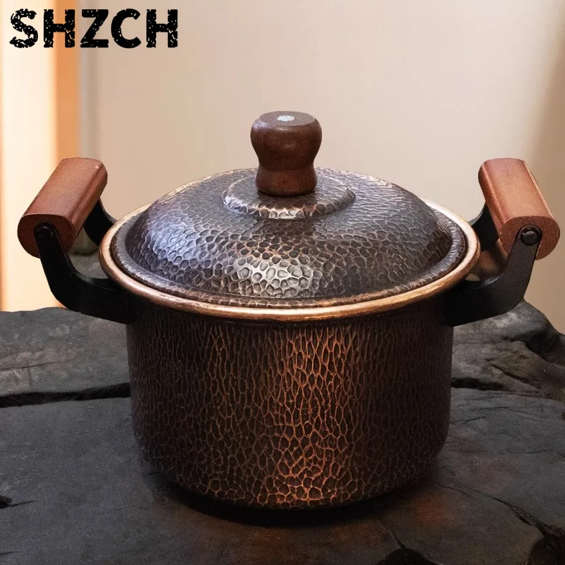 Hand-Forged Pure Copper Deep Soup Pot with Vintage Double-Loop Handles Gas & Induction Safe for Stew Cooking