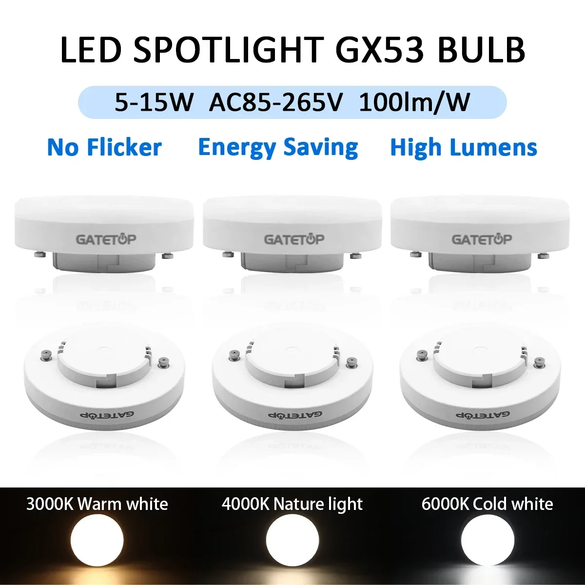 

3Pcs Energy Saving LED Cabinet Light Bulb GX53 Replacement AC85-265V 5W 15W Without Main Light PC Cover Down Light Ceiling Light