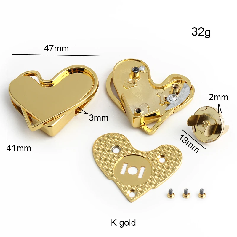 2-10Sets Metal Love Heart Shape Locks For Bags Handbags Shoulder Purse Clasp Turn Snap Pad Lock Buckles DIY Hardware Accessories