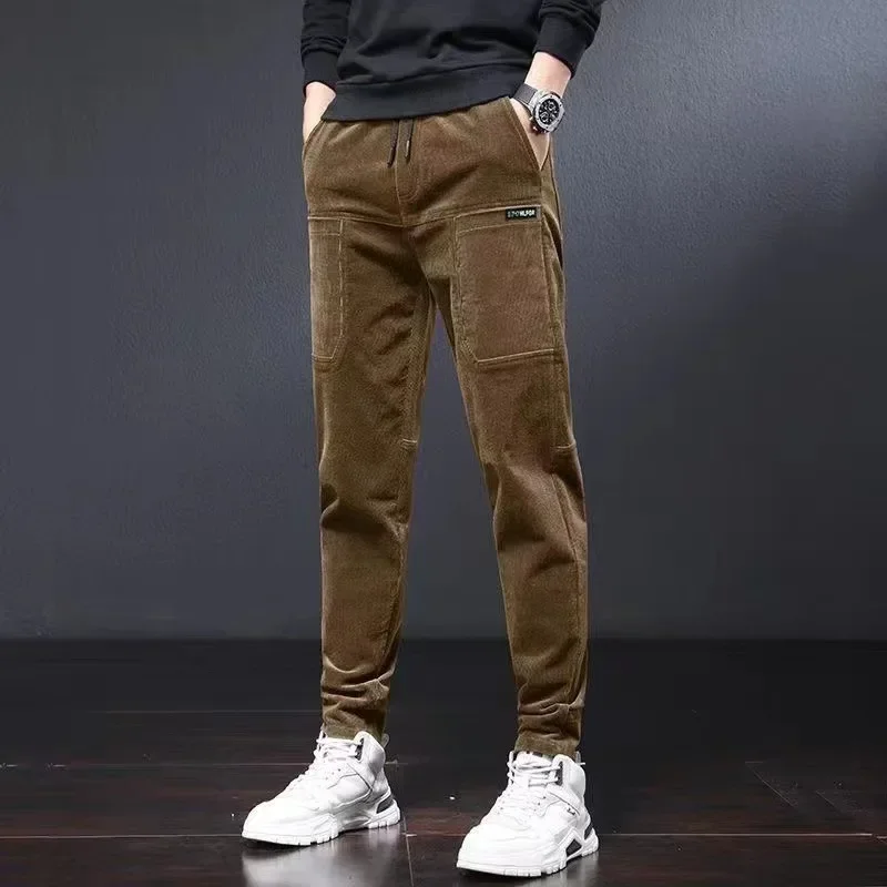 Winter Pants Men Work Wear Baggy Brushed Joggers Streetwear Elastic Waist Male Korean Designer Corduroy Plush Thicken Trousers