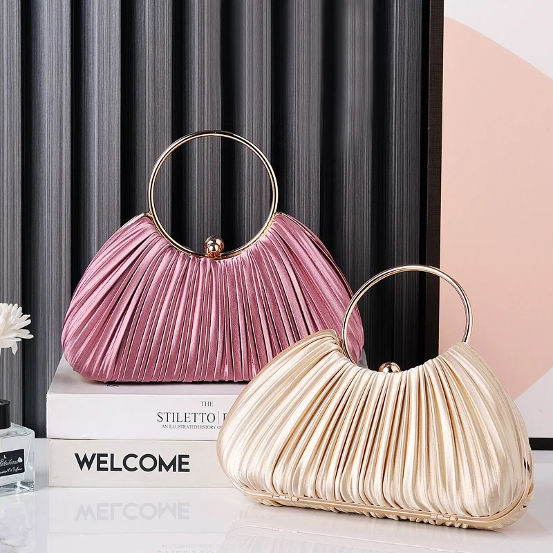 Metal Round Circles Handbags Retro Elegant Purple Red Apricot Pleated Evening Bags For Women Party Clutches Chain Shoulder Bag