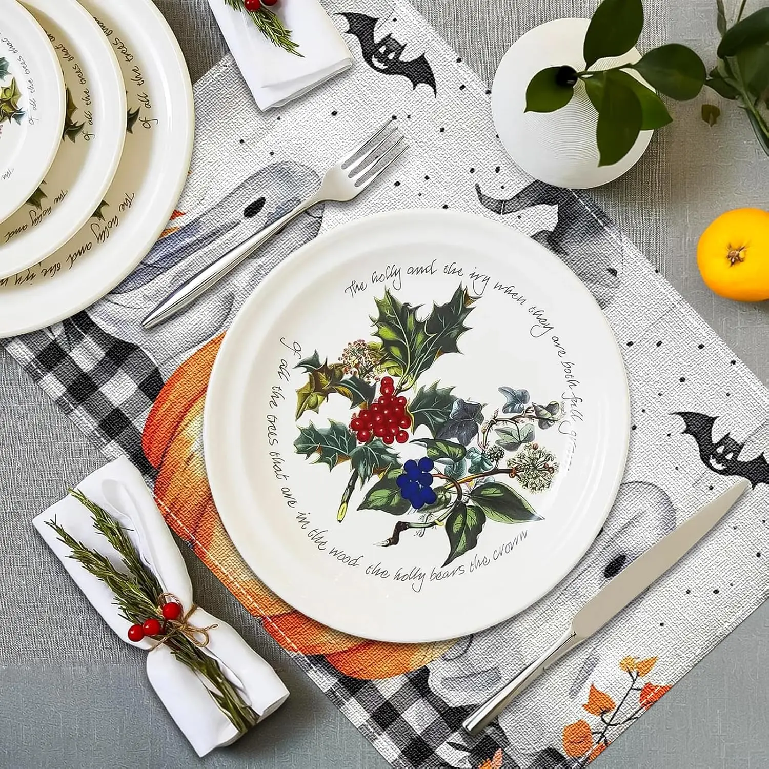 Plaid Bat Ghost Pumpkins Halloween Placemats Set of 4 12x18 Inch Horror Halloween Table Mats for Holiday Party Kitchen Dining