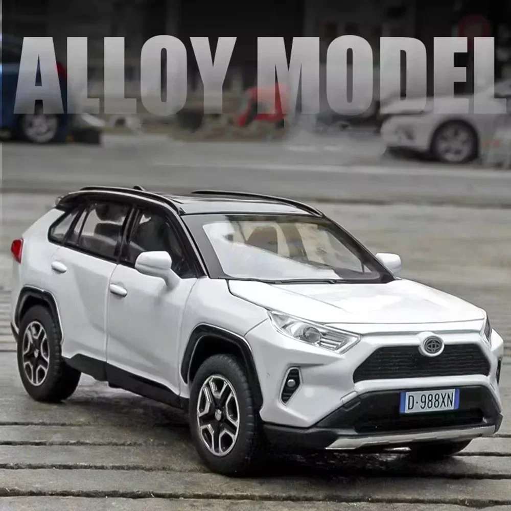 1/22 RAV4 Auto-Spielzeugmodelle, Druckguss-Legierung, Fahrzeuge, Ton, Licht, Rückzug, 6 Türen, geöffnet, Metallkörper, Gummireifen, Spielzeug, Geschenke für Kinder