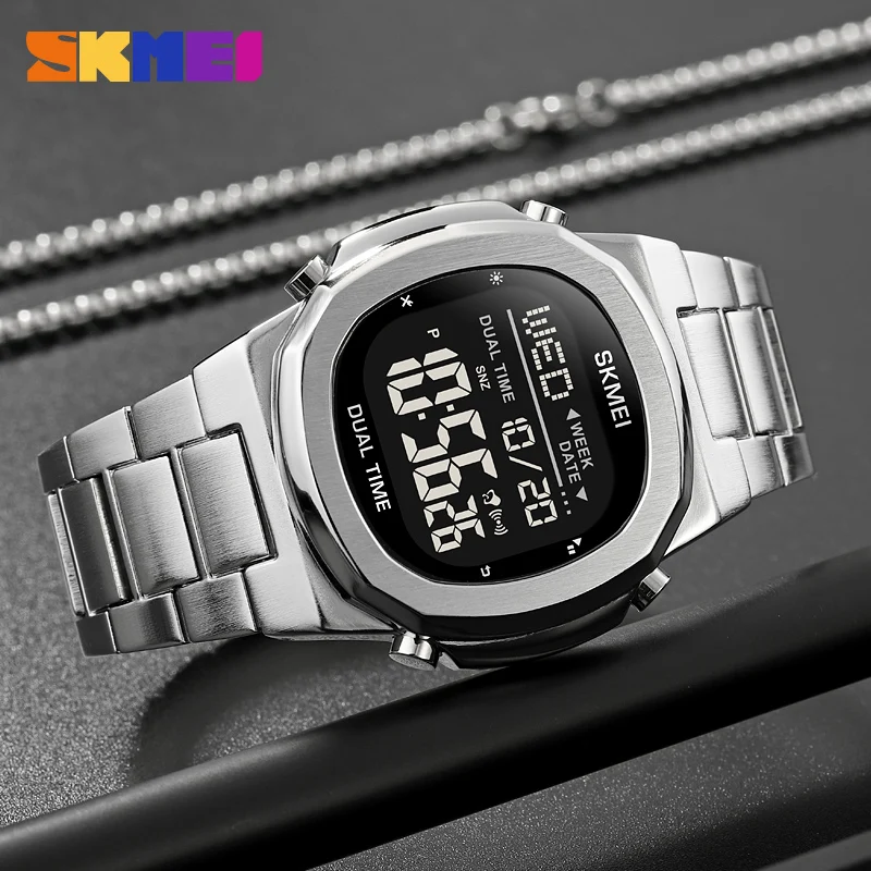 SKMEI Electronic Watch Stainless Steel Fashion Men\'s Watches Countdown Stopwatch Led Light Sport Digital Wristwatch Original