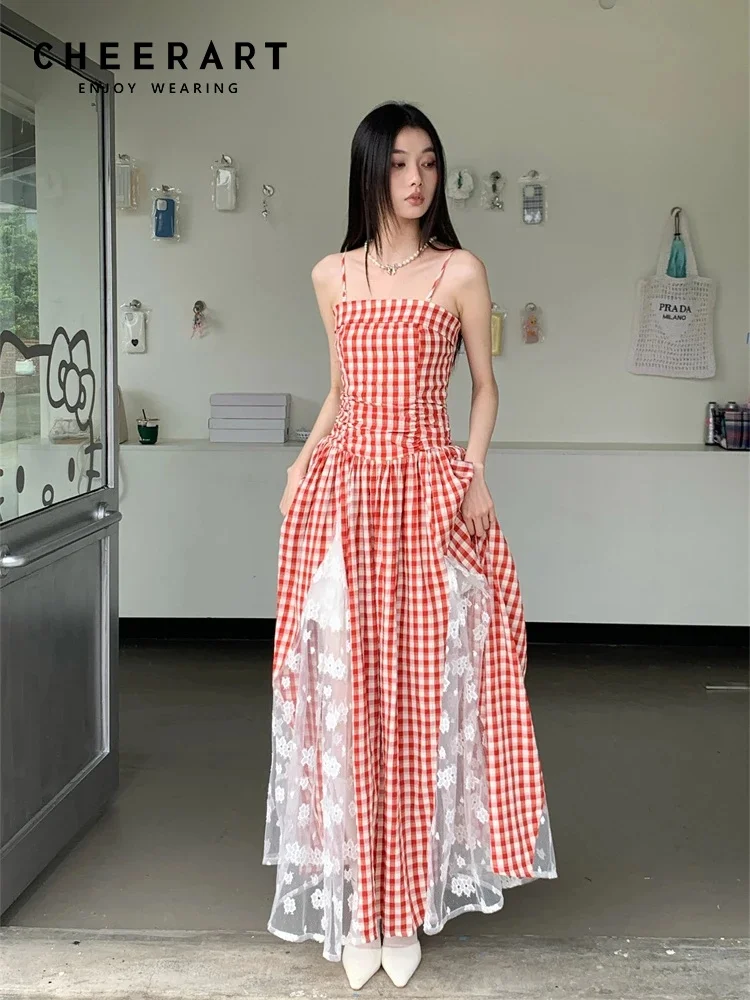 

CHEERART Vacation Plaid Lace Patchwork Dresses 2024 Women Summer Backless Maxi Long Dress Elegant Party Holiday Outfits