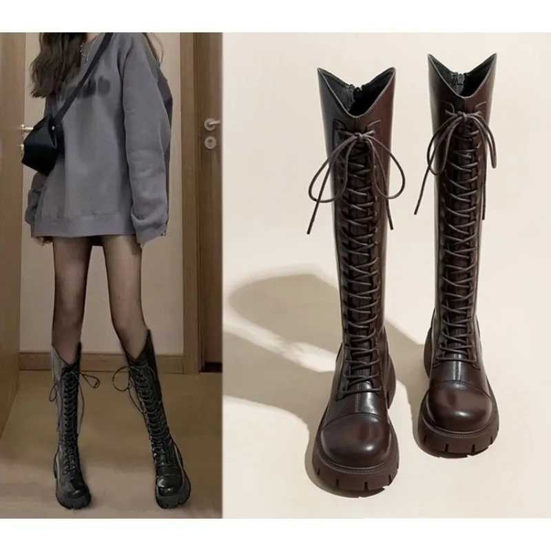الشتاء منصة الصليب الدانتيل يصل امرأة فارس الأحذية موضة أحذية كعب سميك الشارع نمط الإناث قصيرة أفخم الجوارب الطويلة #3