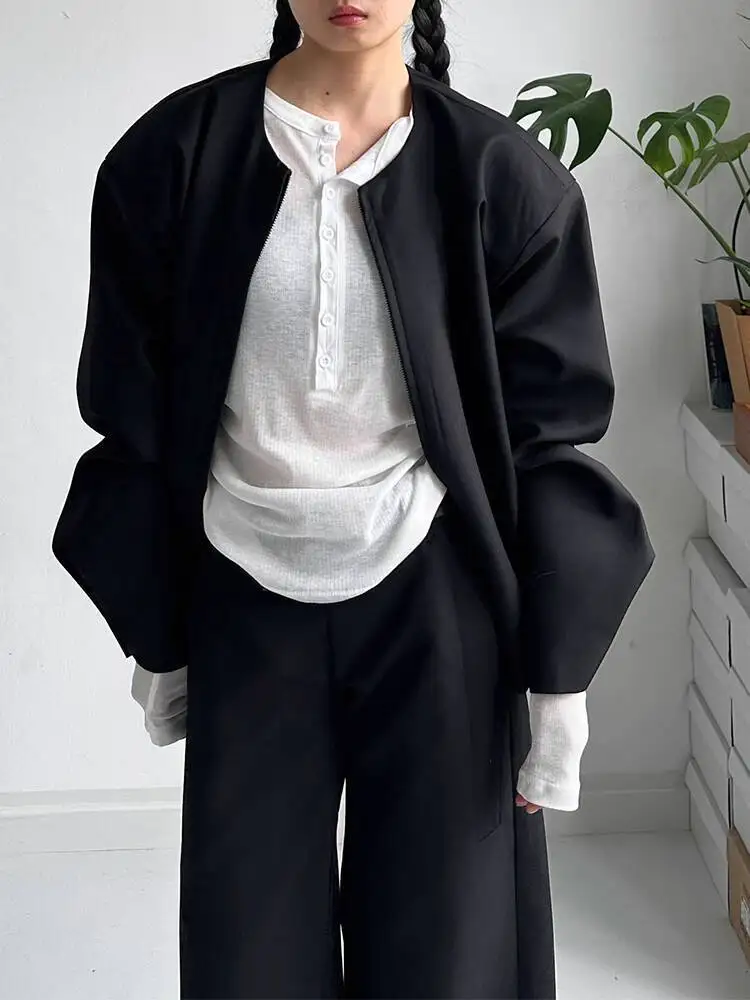 HUISONG Korean Minimalist Collarless Blazer Versatile Short Jacket Cardigan Double-Zip Loose Casual Top Fashion Spring Autumn