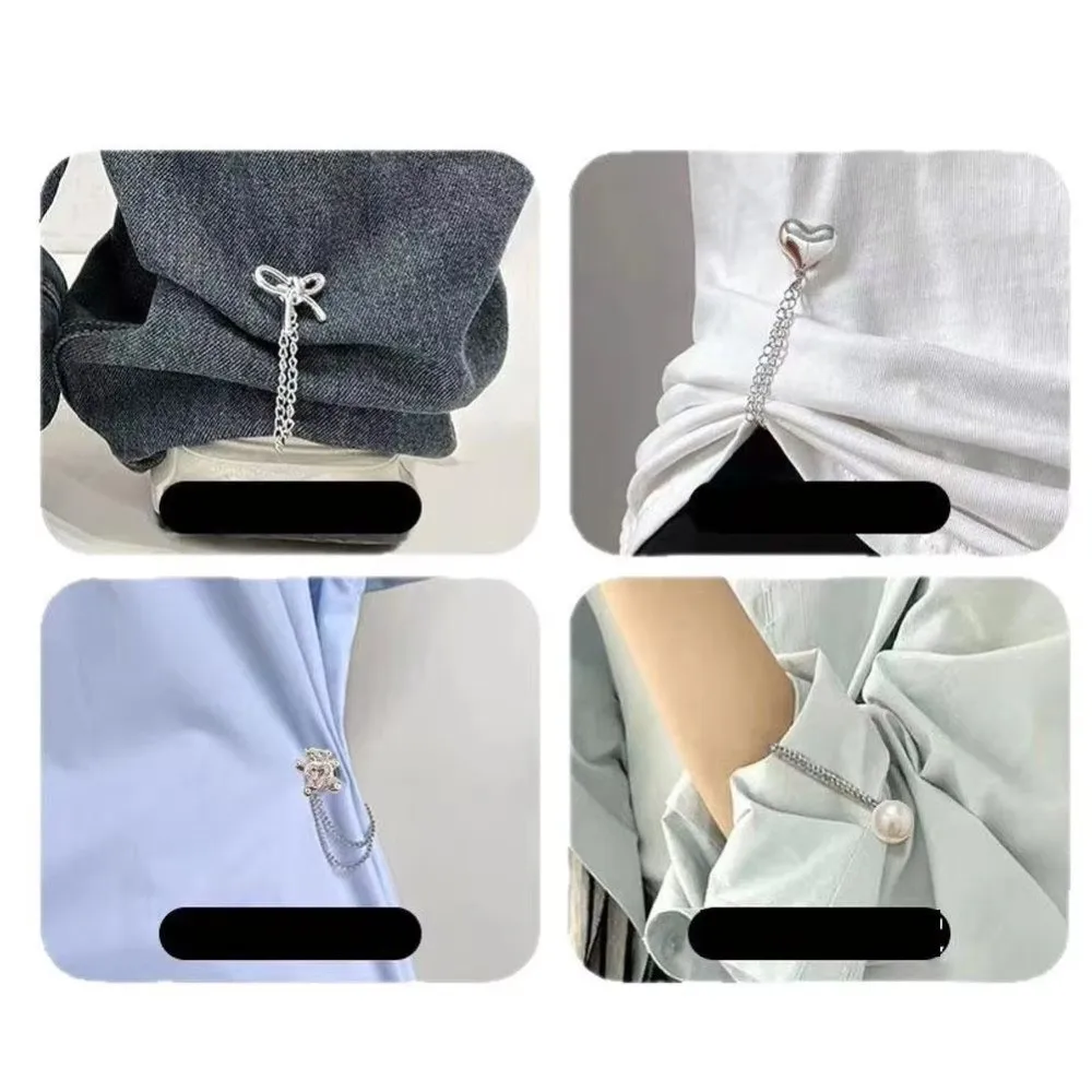 3-in-1 Clothing Clip With Chain Adjustable Butterfly Hem Clip No-Sew Heart-Shaped Cuff Keeper Women Dress Decoration