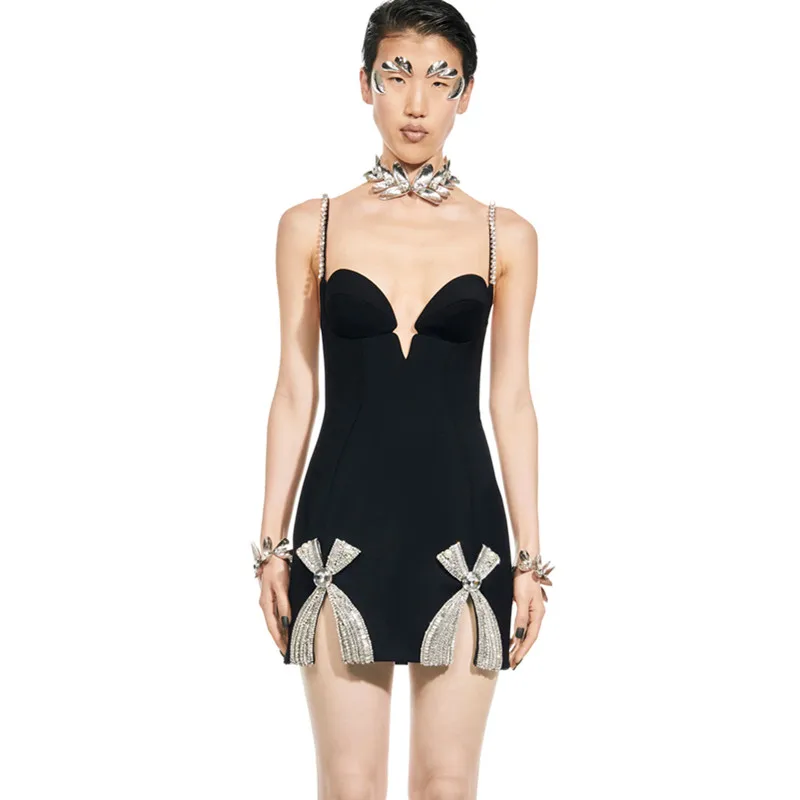 

New Bla Strapl Beaded Elastic Slim Fit Wrap Dr Par ow off Stage Social Event Gown Faionable Knitted Fabric