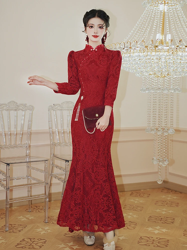 

Новое китайское вечернее платье для женщин, осеннее, с завышенной талией, украшенное жемчугом, в стиле ципао, для свадеб и торжеств