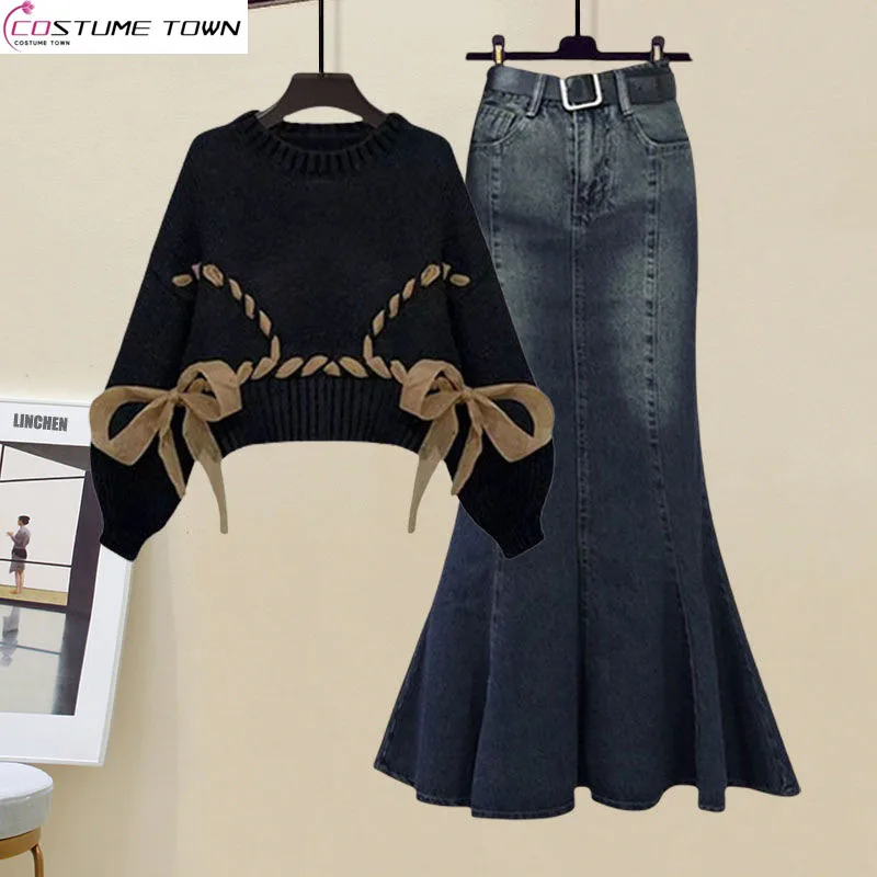 

Autumn Gentle Style Women's 2023 New Korean Edition Celebrity Style Knitted Top Denim Fishtail Skirt Two Piece Set