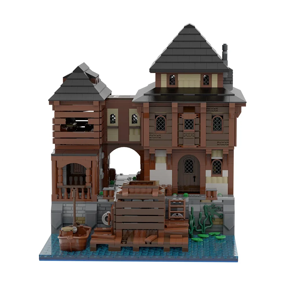 MOC – briques de taverne de Port médiéval, modèle de Port modulaire, Architecture de taverne, vue sur la rue, blocs de construction, jouets d'assemblage, cadeaux pour enfants, bricolage