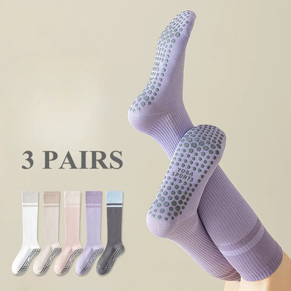 3 PAIRS Women Compression Socks with Grip Non-slip Yoga Fitness Calf Socks High Quality Cotton Running Sports Socks Ladies