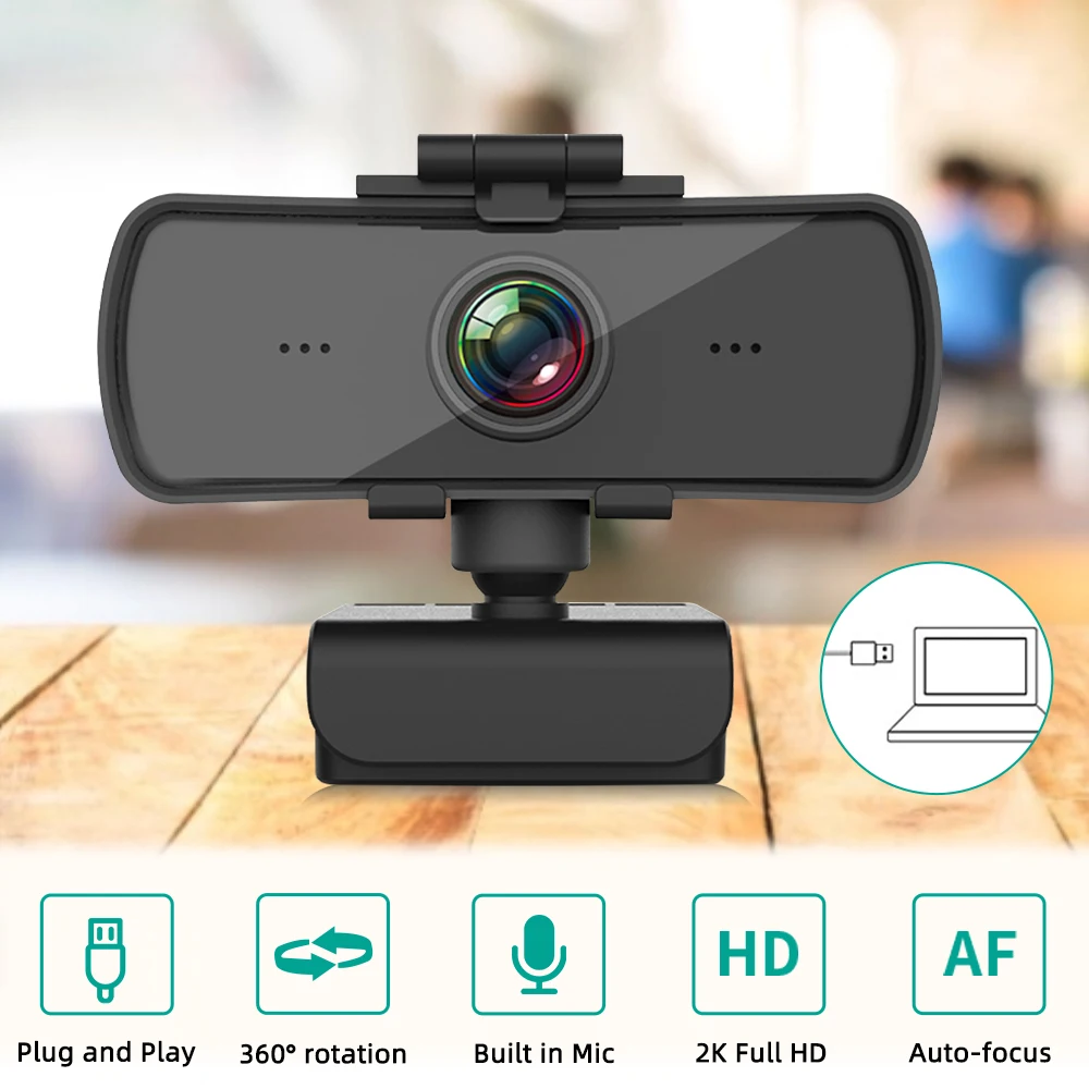 

2K HD Webcam with Auto Focus, Built-in Noise Cancelling Mic, 360° Rotation, Plug & Play, USB Privacy Cover, Compatible Win/Mac