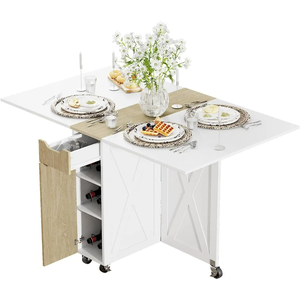 Folding 6-wheel Space saving Table, kitchenette Table, Small Space Sewing Table (white)