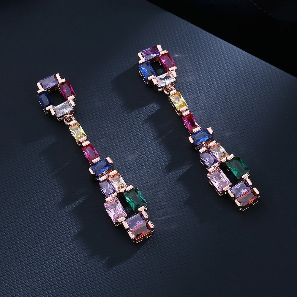 925 silver high-definition contrast fashion earrings super flash zircon earrings colorful tourmaline long earrings party gift