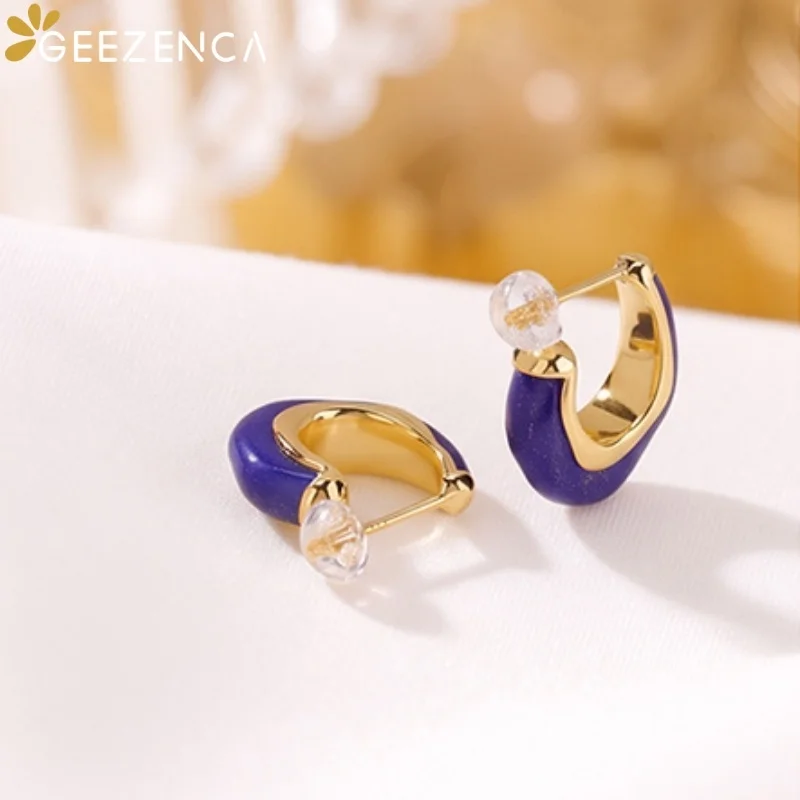 GEEZENCA Jadeite Jasper Lapis Lazuli 925 Silver Gold Plated Hoop Earrings Women Trendy Dainty Lightweight Stackable Earring Gift