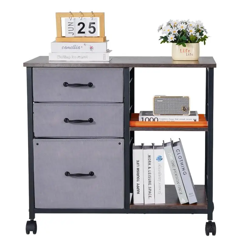 

Steel Document Storage Cart 16"x15"x28" For Home Office Study Bedroom, 3 Fabric Drawers 2 Open Shelves Vertical Organization Wheels Letter A4 Legal Size Brown