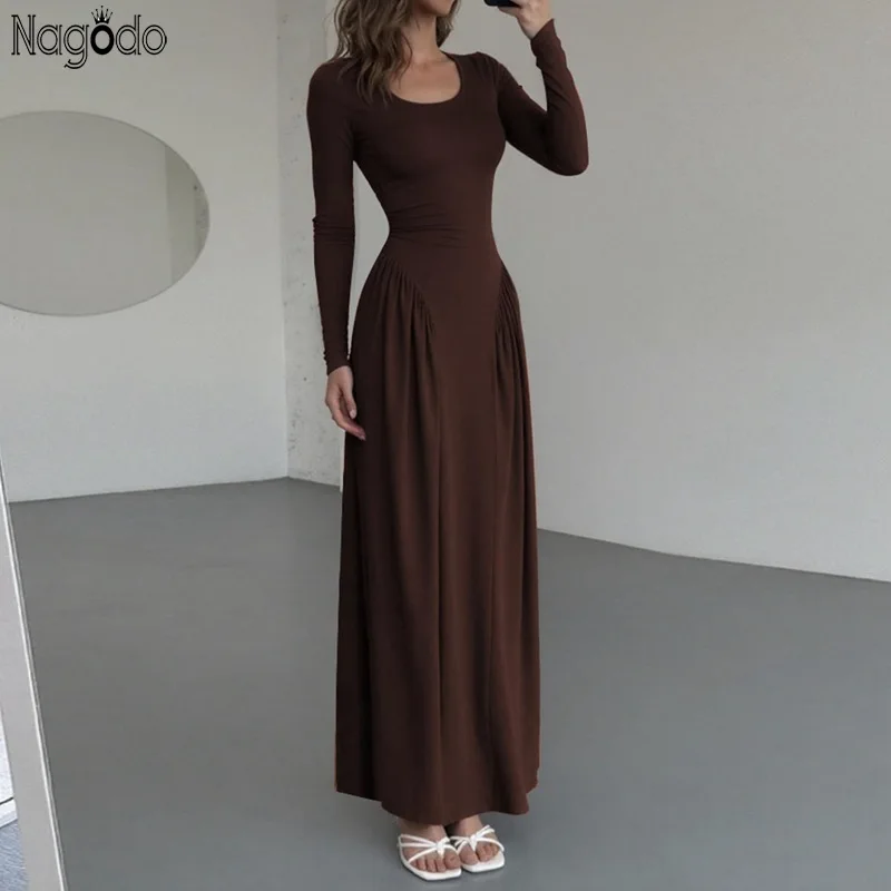 

Nagodo Women Slim Party Dress U-Neck Long Sleeve High Waist French Elegant Maxi Dresses Brown Black Pullover Sexy Evening Dress