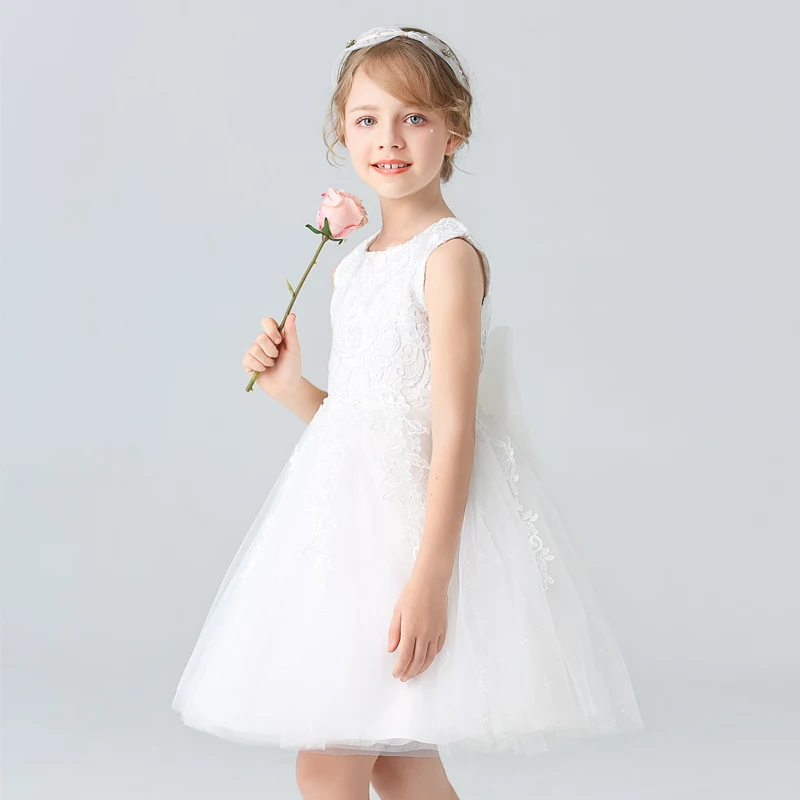 BX8991 White Lace Flower Girl Dress Bows Children\'s First Communion Dress Girls Sleeveless Princess Dresses