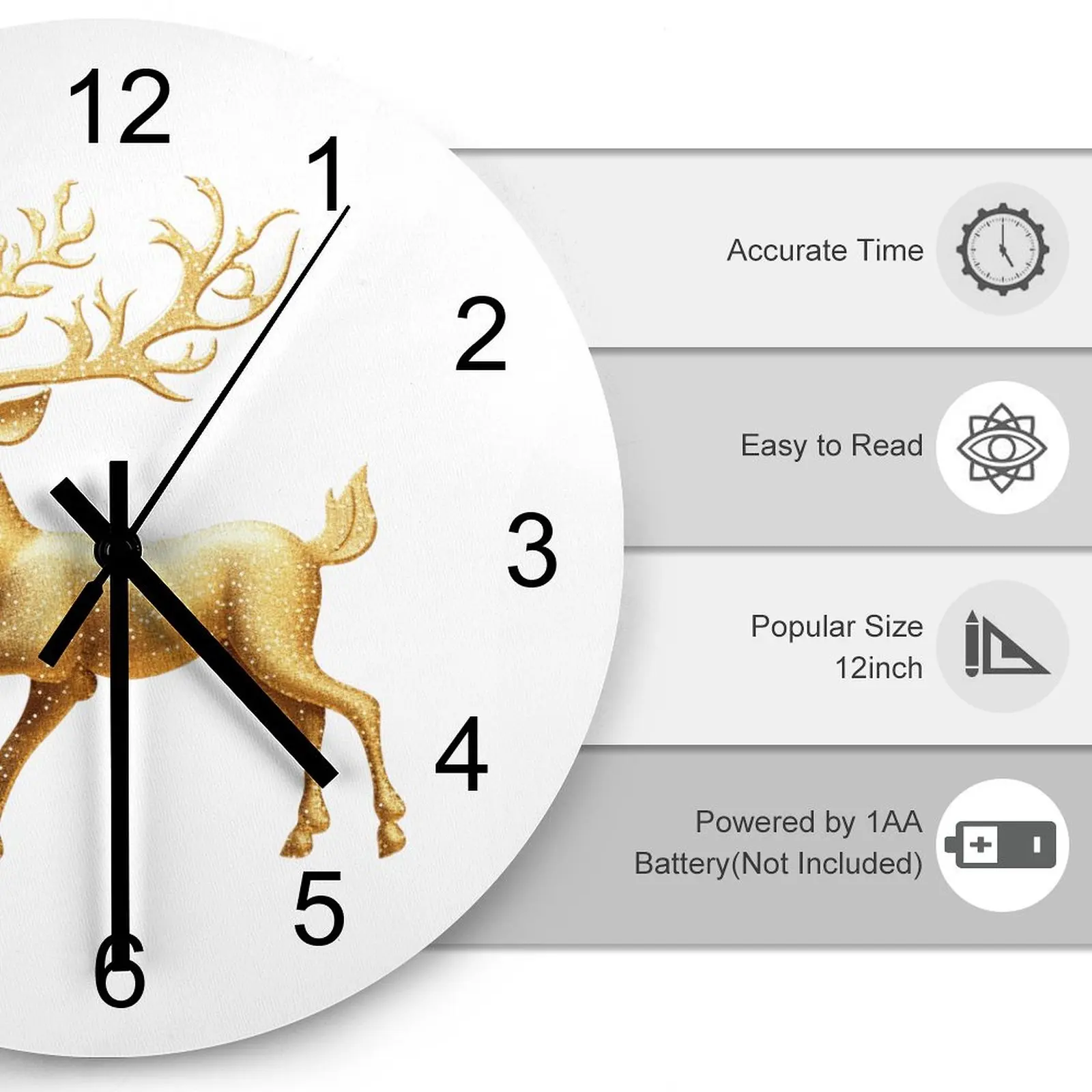 Hallway Wall Clock Christmas golden deer Clocks 12 inch Mute Wood Round Creative Slim Profile Sporty