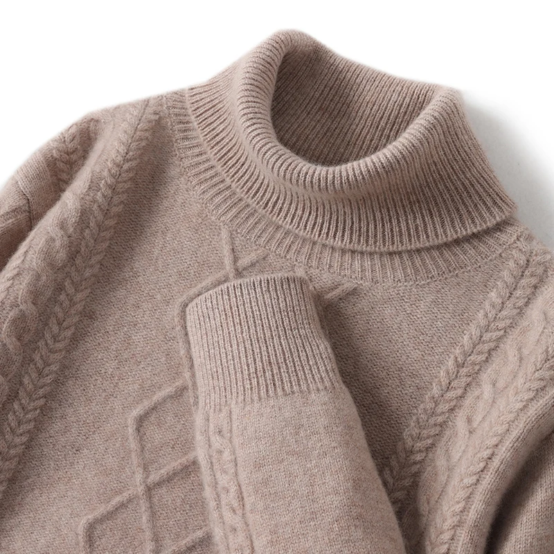 100% Pure Wool Men's Casual Double Thick Twisted High Lapel Bottoming Knitted Cashmere Sweater