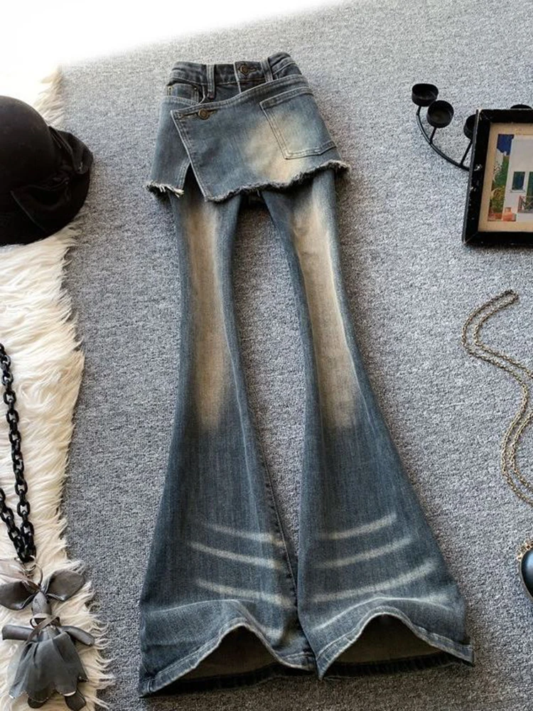Fashion Retro Jeans Versatile Casual Micro Flared Pants Patchwork Asymmetrical Tight Fitting Floor Pants Slim Fit Women's Pants