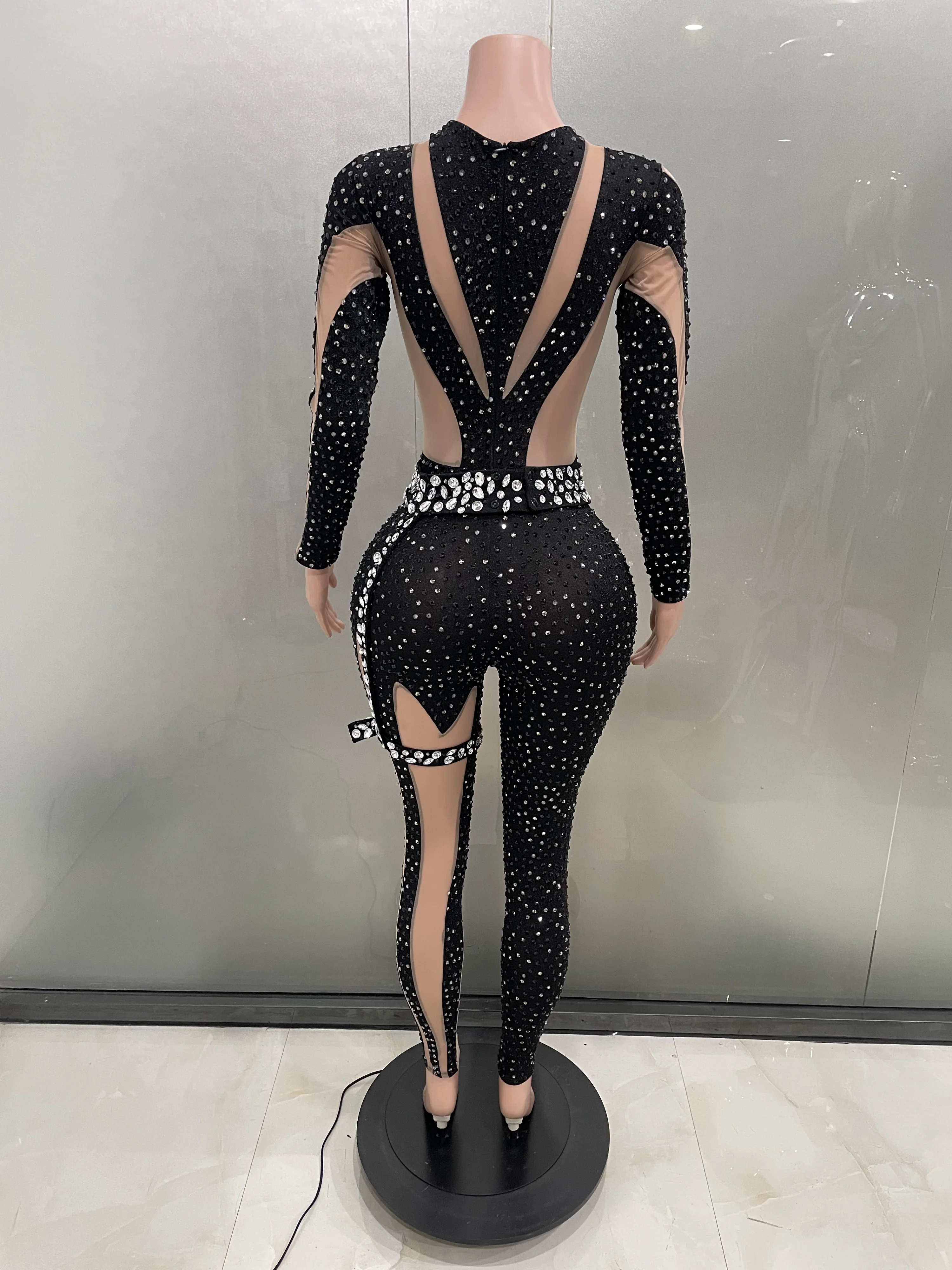 Sparkly Rhinestones Black Mesh Long Sleeve Jumpsuit Women Nightclub Celebrate Party Outfit Performance Dance Costume Stage Wear