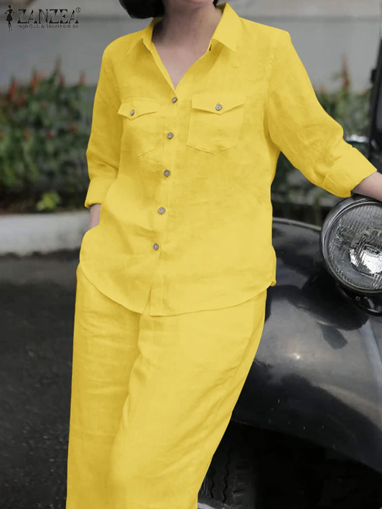 Elegant Women Autumn 2 Pieces Sets 2pcs Outfits Long Sleeve Shirt Loose Pants Sets 2025 ZANZEA Stylish Casual Solid OL Work Suit