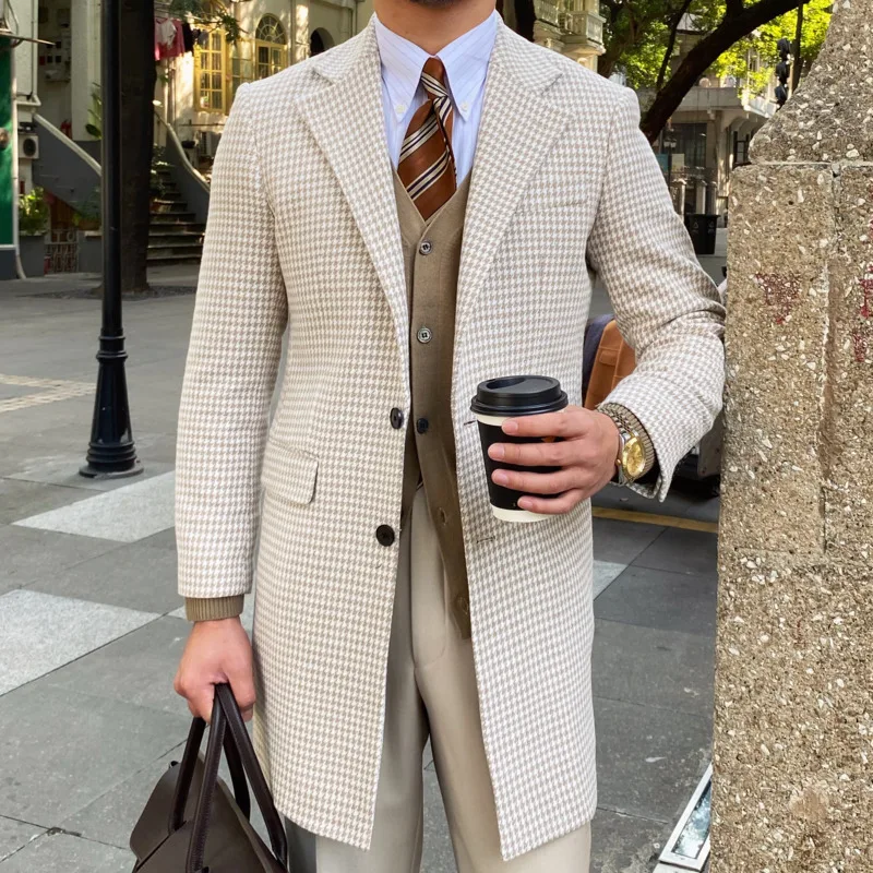 British Retro Houndstooth Coat Men Long Warm Jacket Fall Winter Mens Woolen Coat Top Quality Abrigo Largo Hombre Mantel Wolle