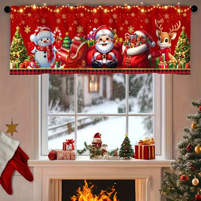 VIKAMA Christmas Window Valance Santa Sleigh Reindeer Snowman Plaid Print Short Curtain For Living Room Holiday Home Decor