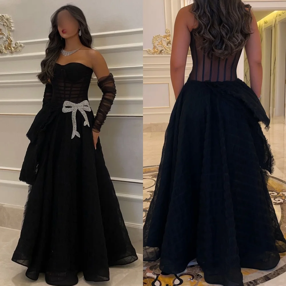 

Customized Modern Style Tulle Pleat Bow Rhinestone A-line Strapless Long Dresses Bespoke Occasion Dresses High Quality Fashion