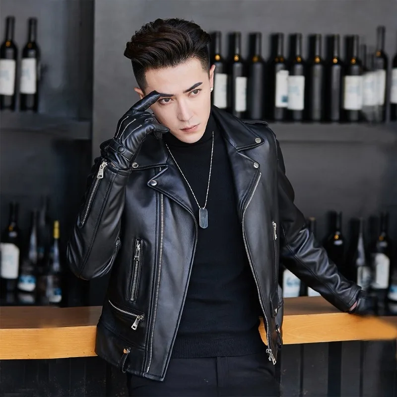 

The New Spring Style Haining Leather Jackets Motorcycle Leather Men's Short and Fitted Korean-style Cool Youth Coats Are Vogue