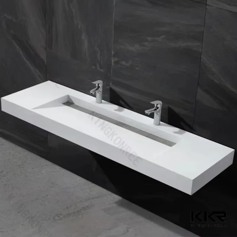 Hot salesWhite Trough Bathroom Wall Mount Acrylic Wash Hand Basin Sink Composite Resin Moder