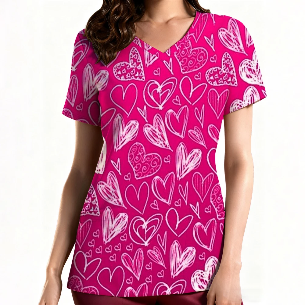 

Униформа для кормления, женская рабочая одежда, скрабы, топ с двумя карманами, графический принт, v-образный вырез, медицинские футболки с короткими рукавами, блузка