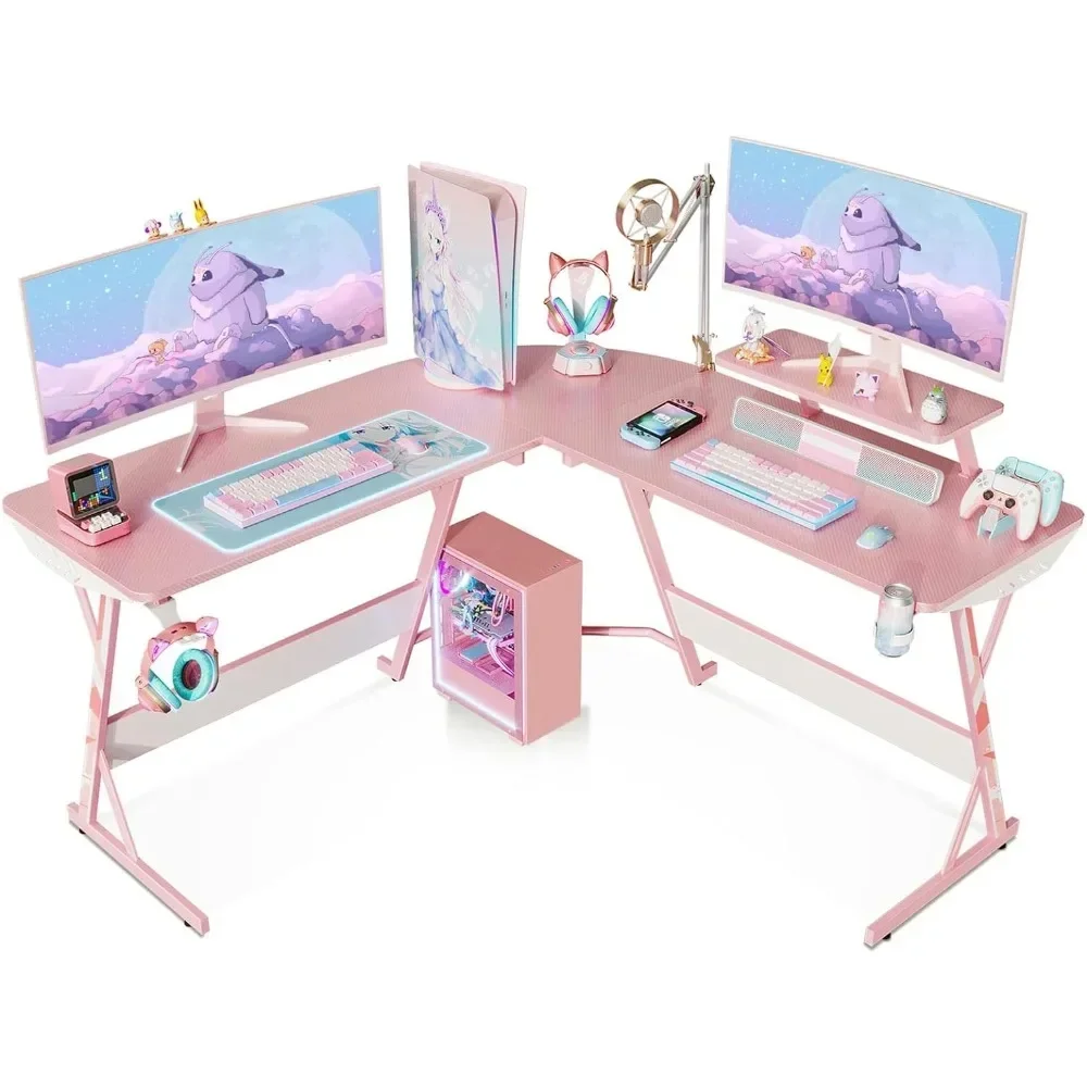 Computer Desk 51 Inch  with Carbon Fiber Texture,with Monitor Stand & Cup Holder & Headphone Hook, for Girls Gift Gaming Desk