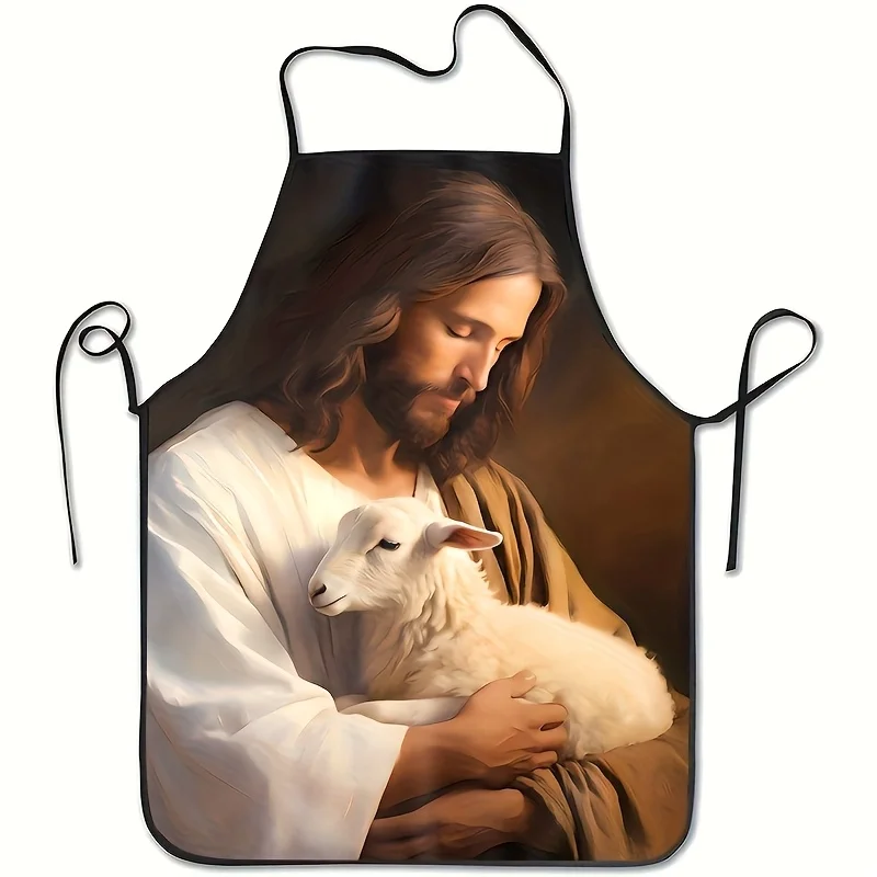Jesus Holding Lamb Apron, Christian Religious Kitchen Bib, Faith Inspired Cooking Gift for Believers Church Home Decor