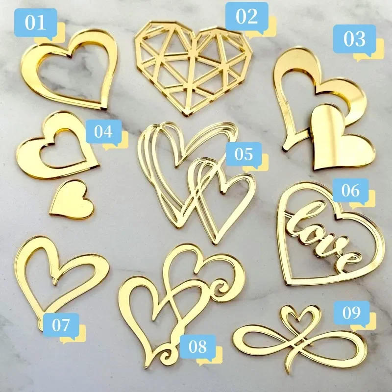 2pcs Romantic Cake Decoration Acrylic Cake Toppers Supplies Hearts Dessert Flag Placard Decoration Anniversary Wedding Birthday