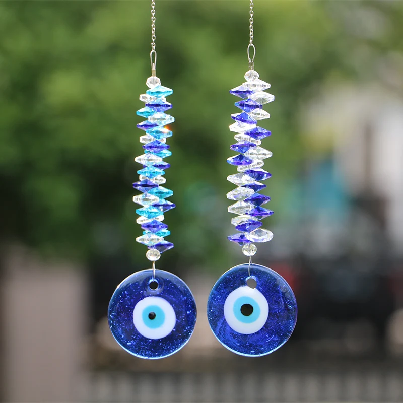 1PCS Blue Evil Eye Protection Hanging Crystals Suncatcher Chakra Octagon Pendant Rainbow Maker Home Garden Decoration