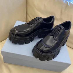 leather Loafers women's shoes spring and  autumn   platform shoes lace-up single shoes Plus size 35-43 size ladies casual flat