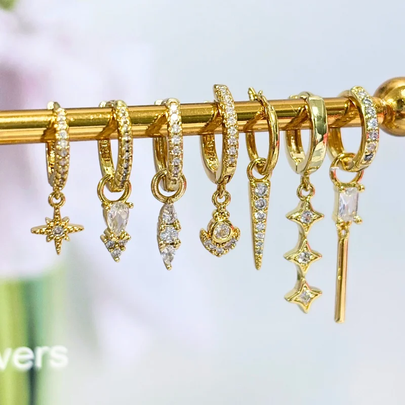 여자 925 스털링 실버 귀 바늘 크리스탈 지르콘 물방울 스터드 후프 골드 Huggie 귀... - 2