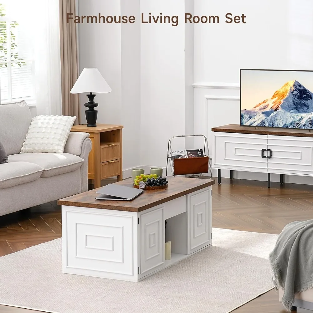 Lift Top Coffee Table with Storage, 48 Rustic Center Table with Hidden Storage Compartment and 2 Cabinet, White Coffee Table