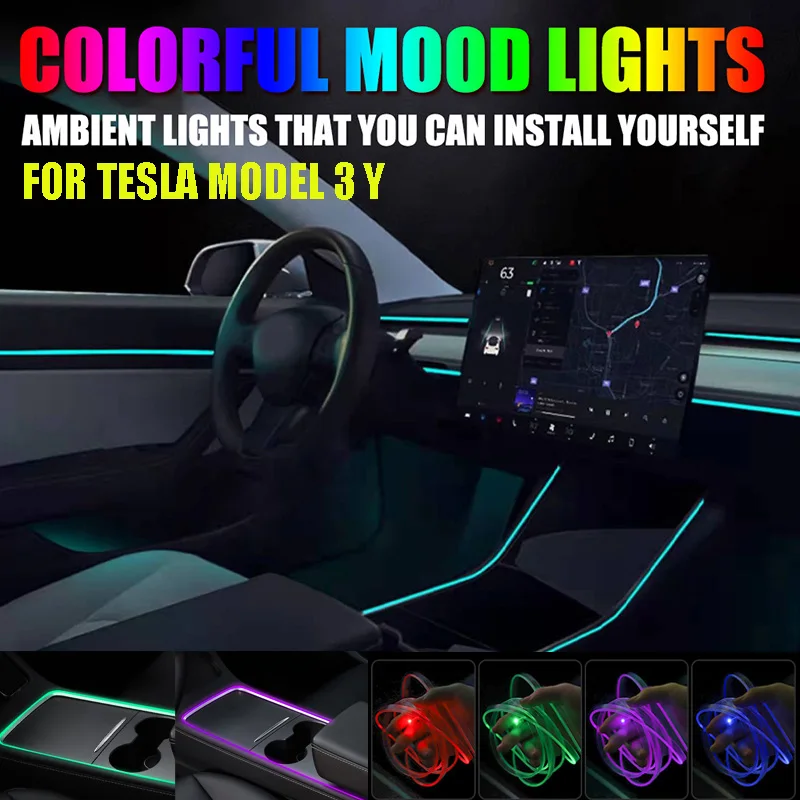 Tesla Model 3 Y Interior Neon Lights Center Console Dashboard Light Ambient Lighting RGB Strip Fiber Optic With App Controlled