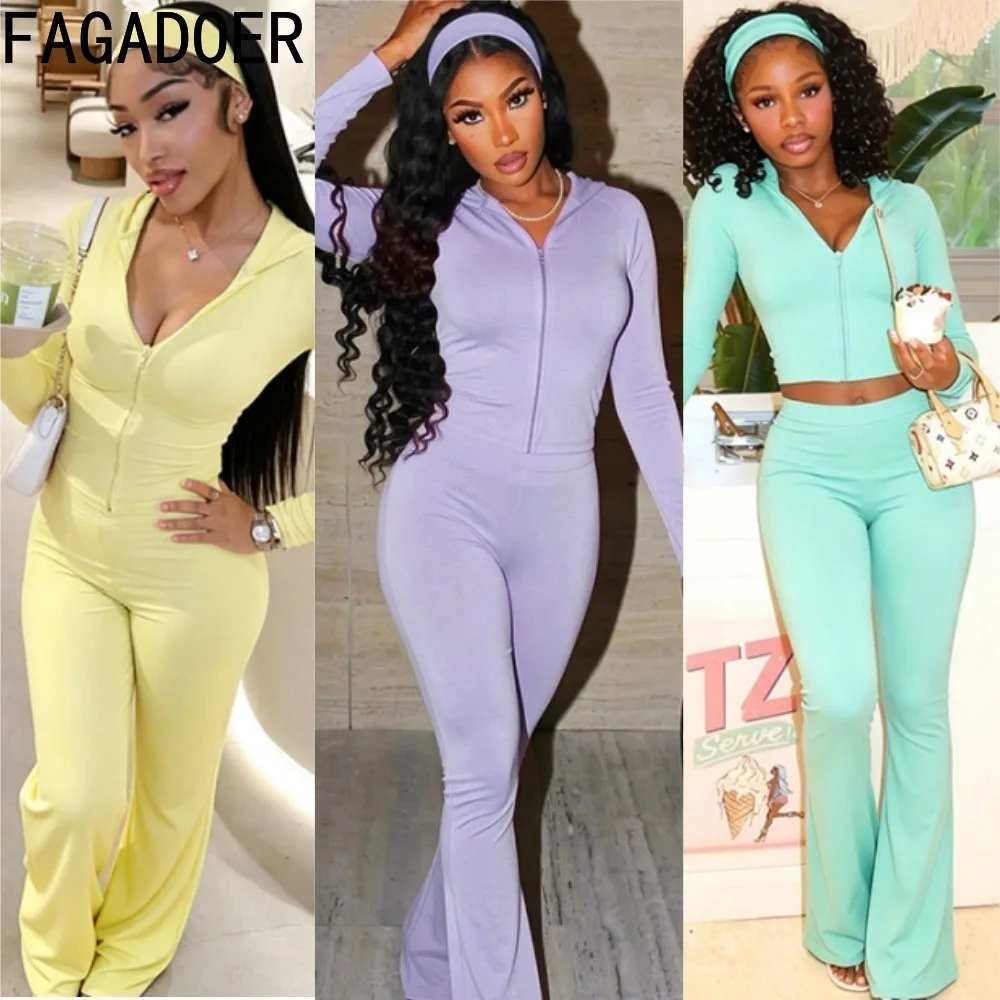 FAGADOER Y2K Candy Color 3 Piece Set Women Zip Up Hooded Long Sleeve Top Flare Pants Headscarf Fall Winter Streetwear Outfit
