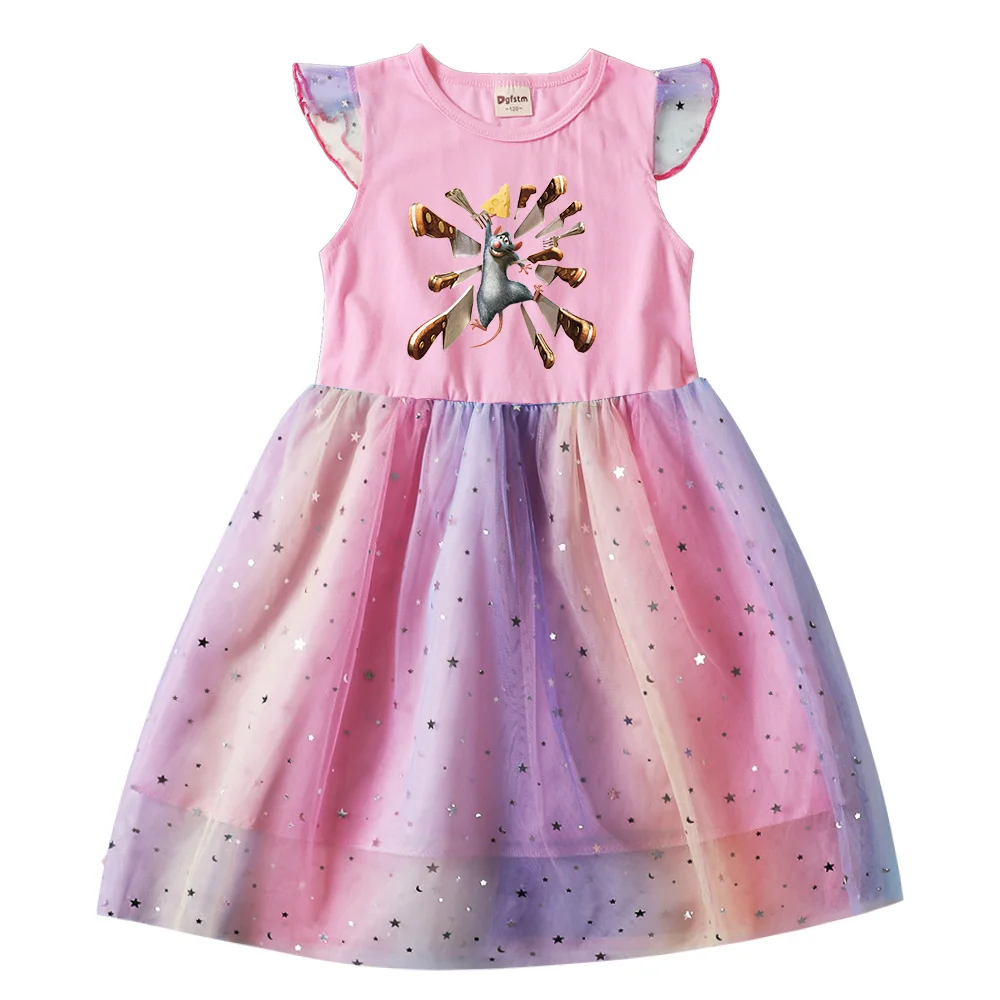 Disney Cartoon Ratatouille Toddler Children Prom Mesh Dresses Summer Kids Dresses for Girls Cartoon Short Sleeve Princess Dress