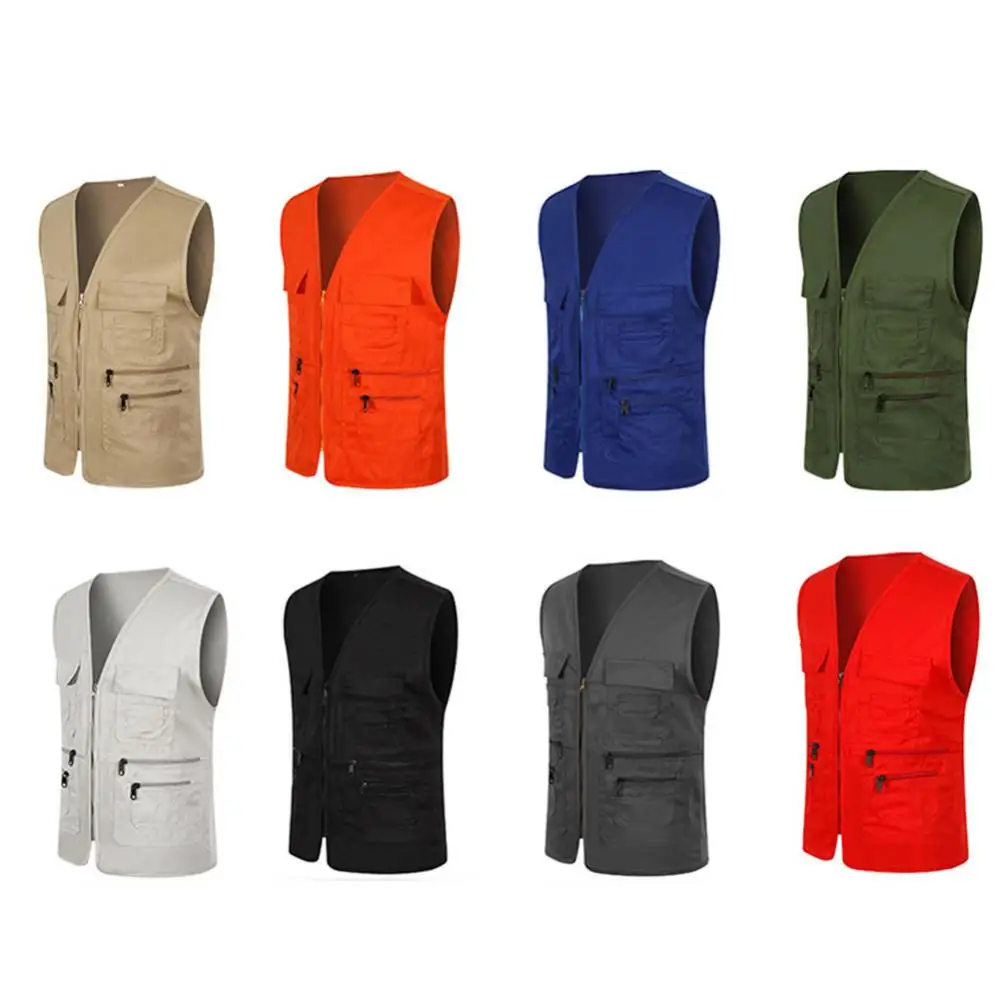 2024 Men's Multi-pocket Vest Casual Fishing Vest Men's Solid Color Overalls Sleeveless Zipper Director Vest