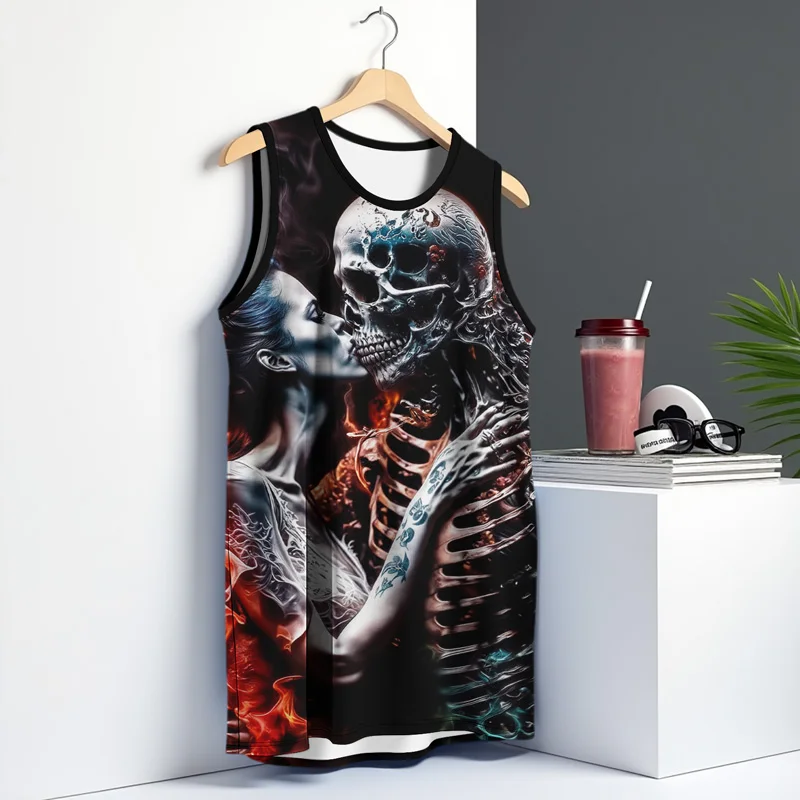 Skull พิมพ์ Mens Vest Street แฟชั่นรอบคอเสื้อยืดทุกวันกีฬากลางแจ้งฟิตเนส Running Top Fear 2025 New Arriva