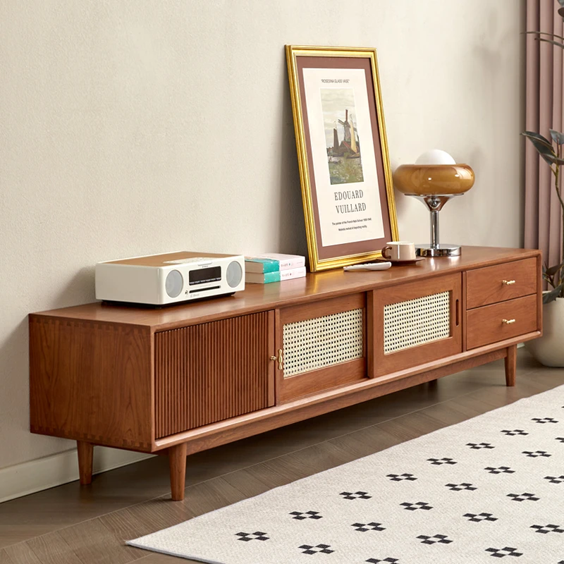 

Refined Contemporary Solid Wood TV Stand with Storage Cabinets and Shelves for Living Room Television Media Console Furniture