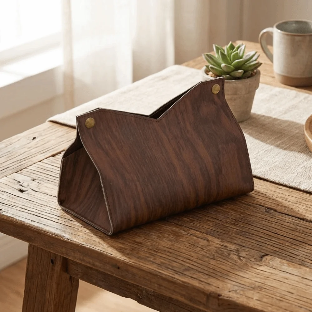 Modern Style PU Tissue Box Decorative Simple Wood Grain Tissue Container Stable Waterproof Car Tissue Holder Car Interior