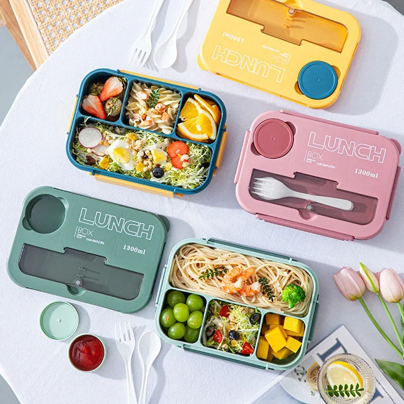 1.3L 4 Grid Bento Food Box for Kids School LunchBox Microwave Safe Sandwich Snack Box Fruit Cookies with Sauce Cups